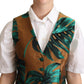 Dolce & Gabbana Green Jacquard Leaf Gold Waistcoat Vest