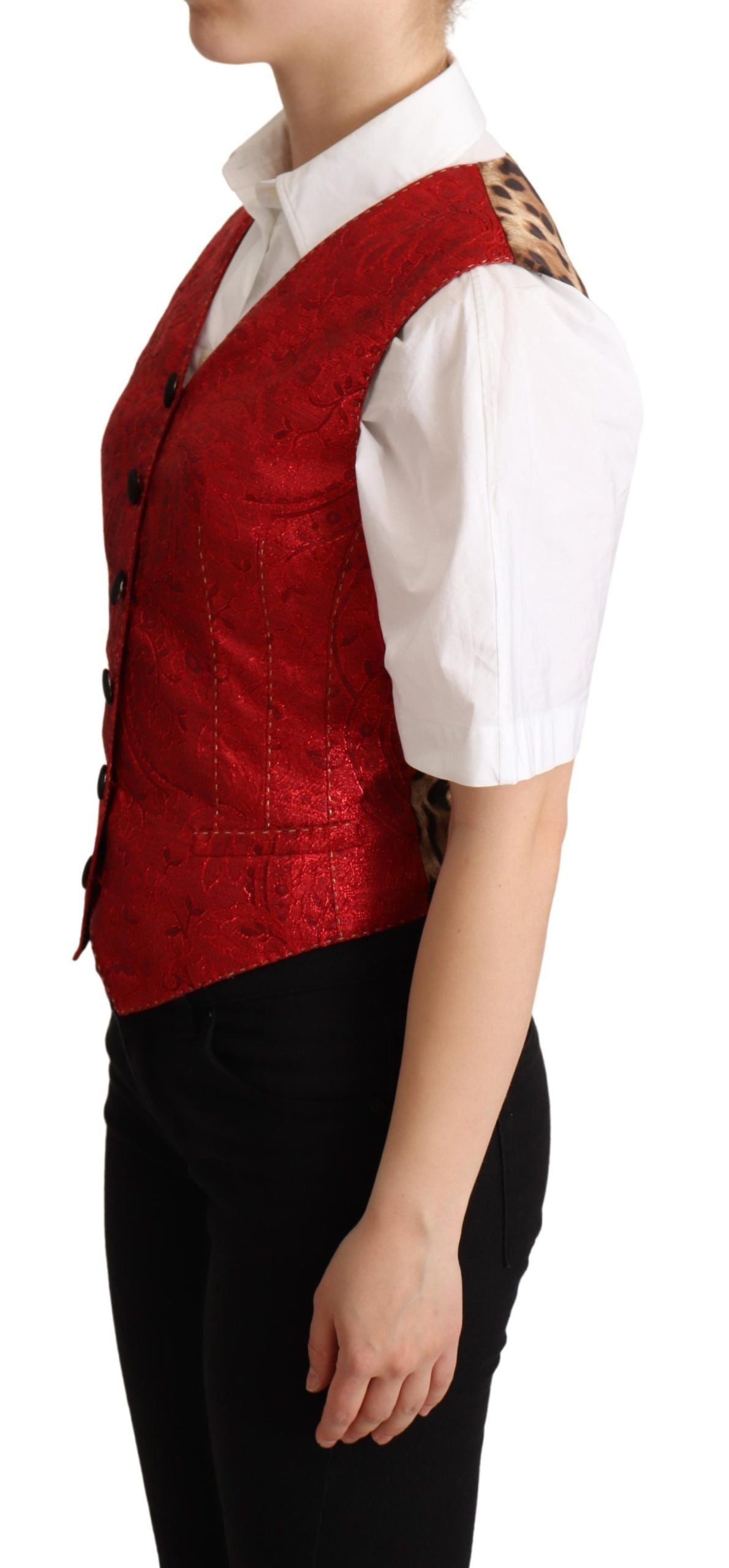 Dolce & Gabbana Red Brocade Leopard Print Waistcoat Vest