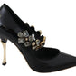 Dolce & Gabbana Black Leather Crystal Shoes Mary Jane Pumps