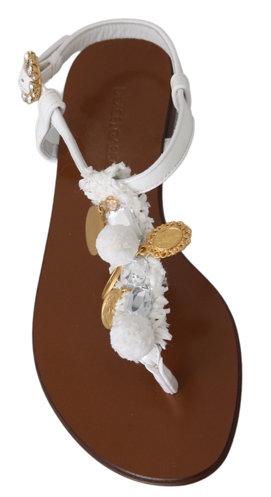 Dolce & Gabbana White Leather Coins Flip Flops Sandals Shoes