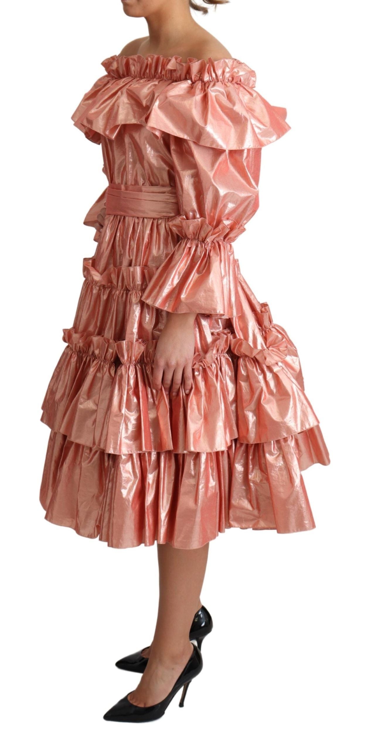 Dolce & Gabbana Pink Ruffled Dress Silk Cotton Gown Dress
