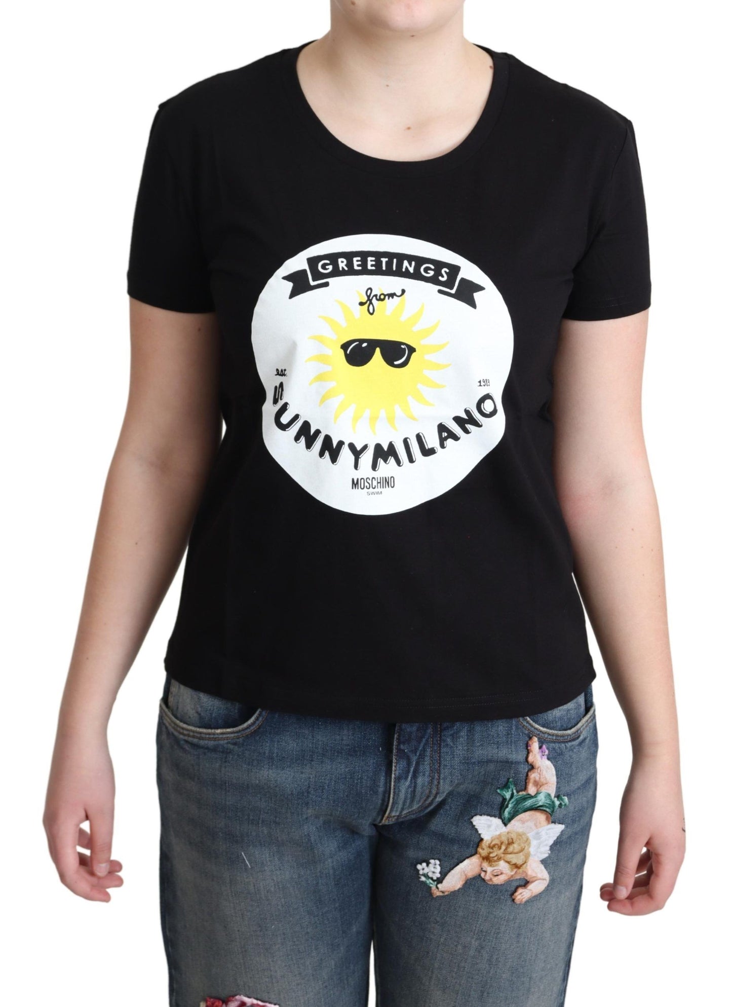 Moschino Black Cotton Sunny Milano Print T-shirt