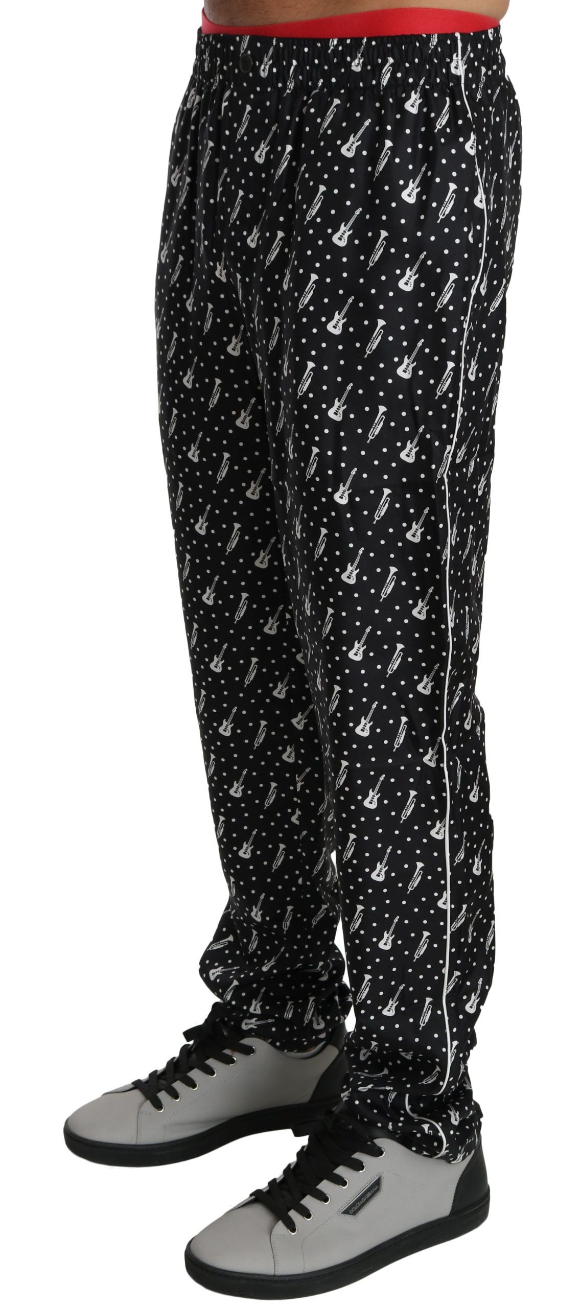 Dolce & Gabbana Elegant Black Musical Instrument Print Silk Pants