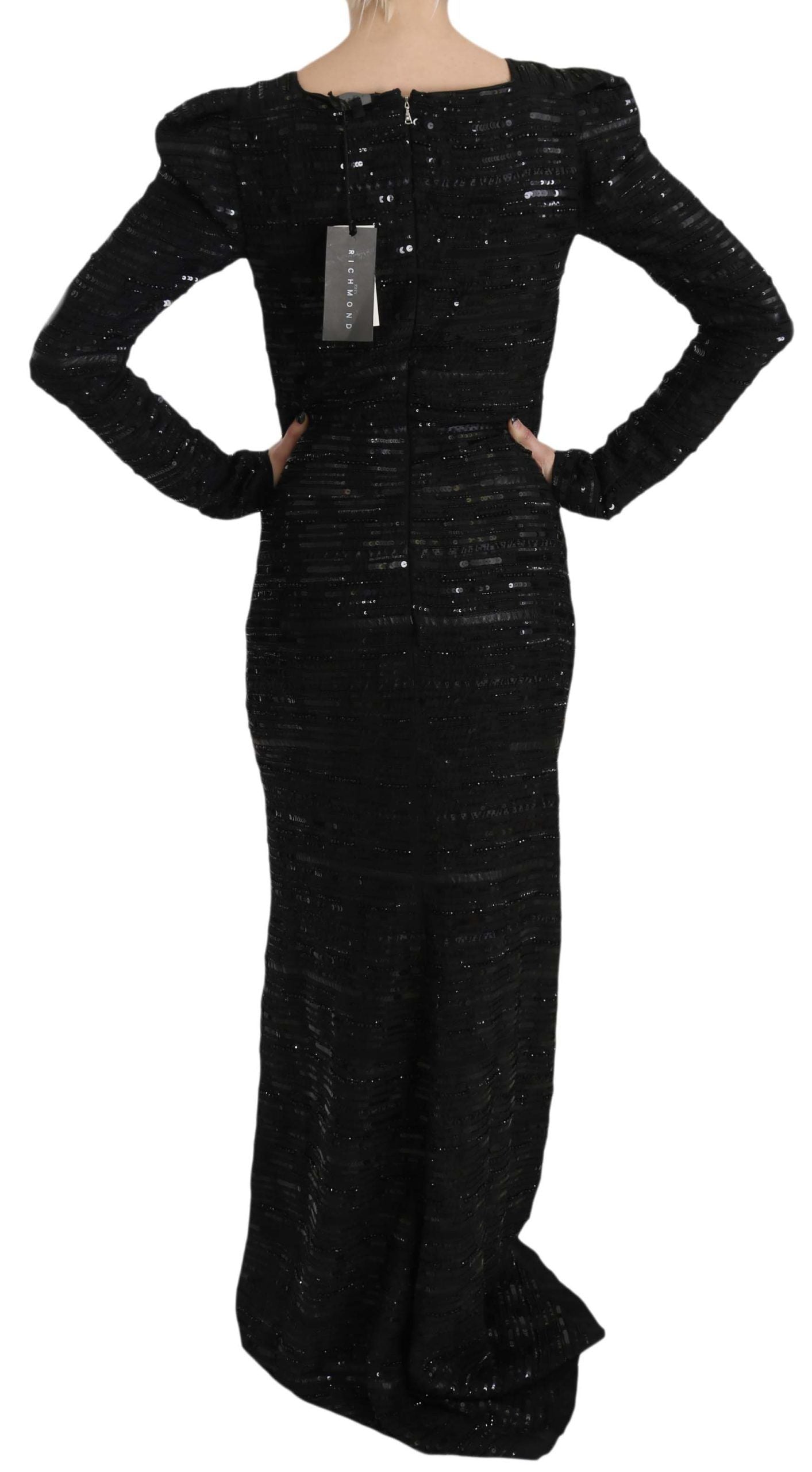 John Richmond Black Silk Sheath Maxi Dress with Sequins