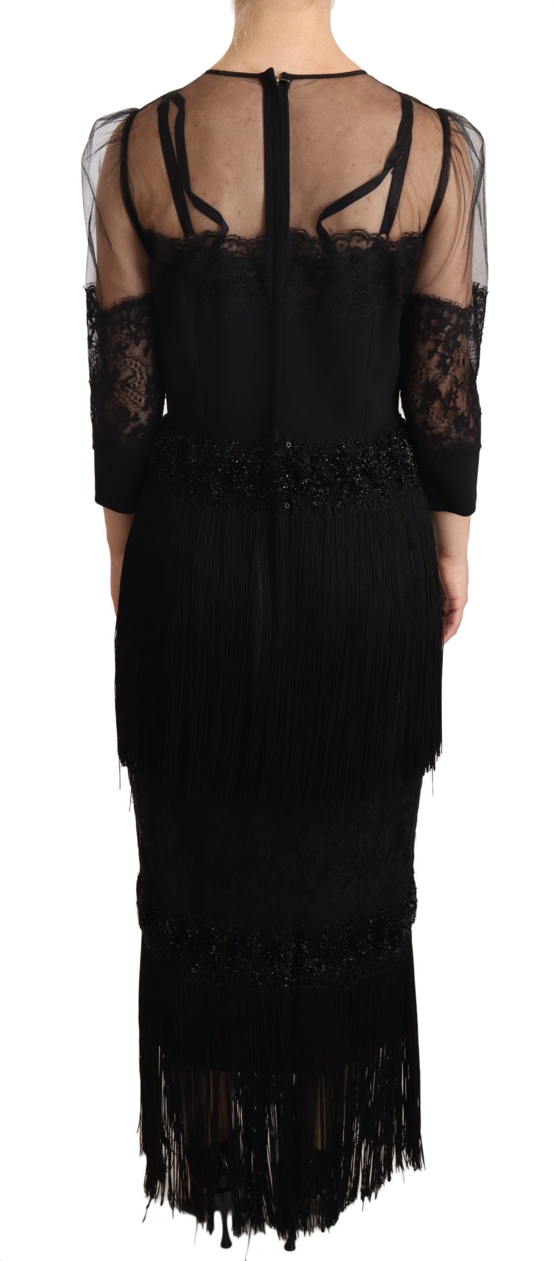 Dolce & Gabbana Black Sheer Floral Lace Crystal Maxi Dress