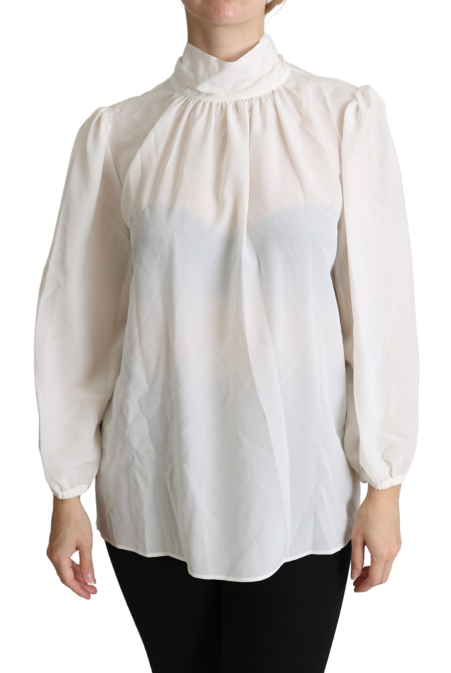 Dolce & Gabbana White Silk Pussy Bow Long Sleeved Top Blouse