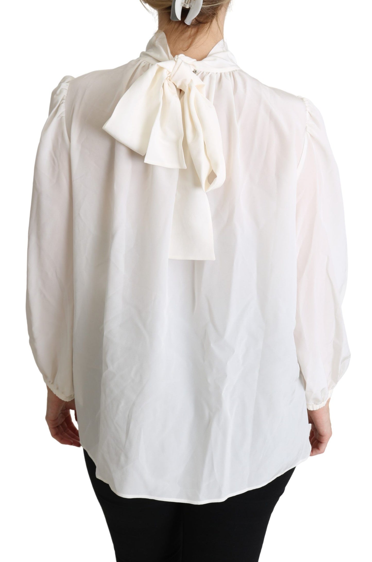 Dolce & Gabbana White Silk Pussy Bow Long Sleeved Top Blouse