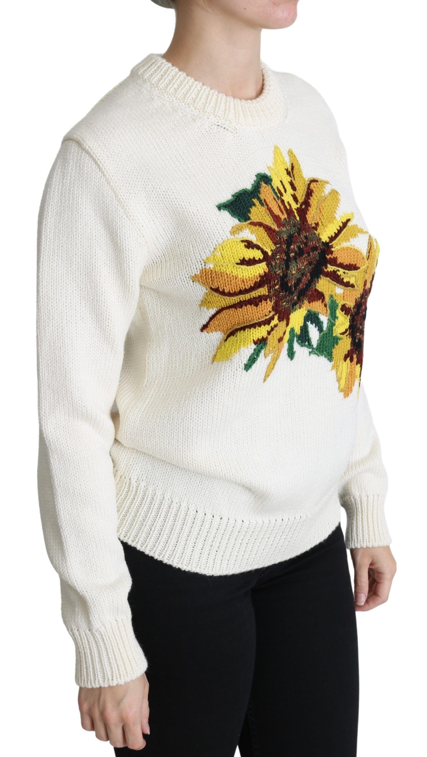 Dolce & Gabbana White Floral Wool Pullover Sunflower Sweater
