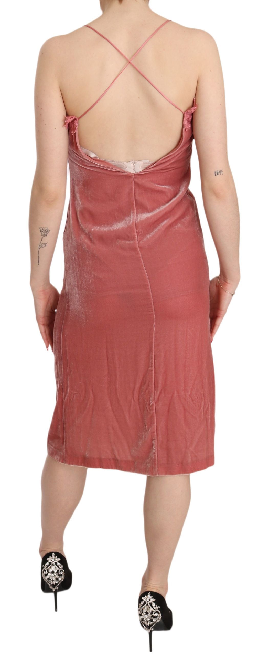 PINKO Pink Lace Spaghetti Strap Side Slit Shift Midi Dress