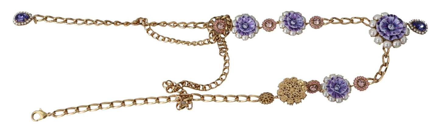 Dolce & Gabbana Gold Tone Floral Crystals Purple Embellished Necklace