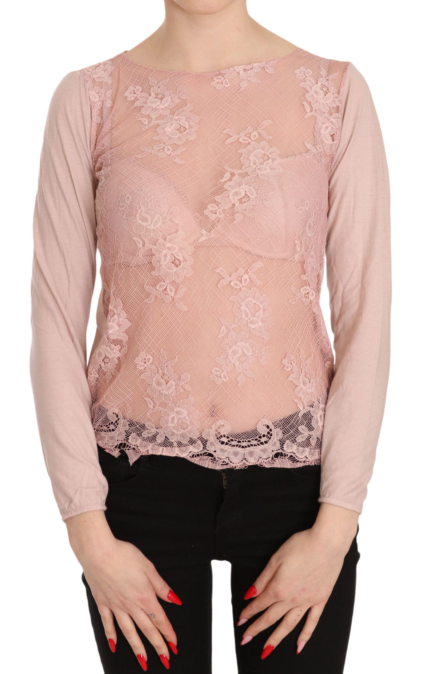 PINK MEMORIES Pink Lace See Through Long Sleeve Top Blouse