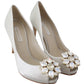 Dolce & Gabbana White Crystal Peep Toe Silk Blend Heels