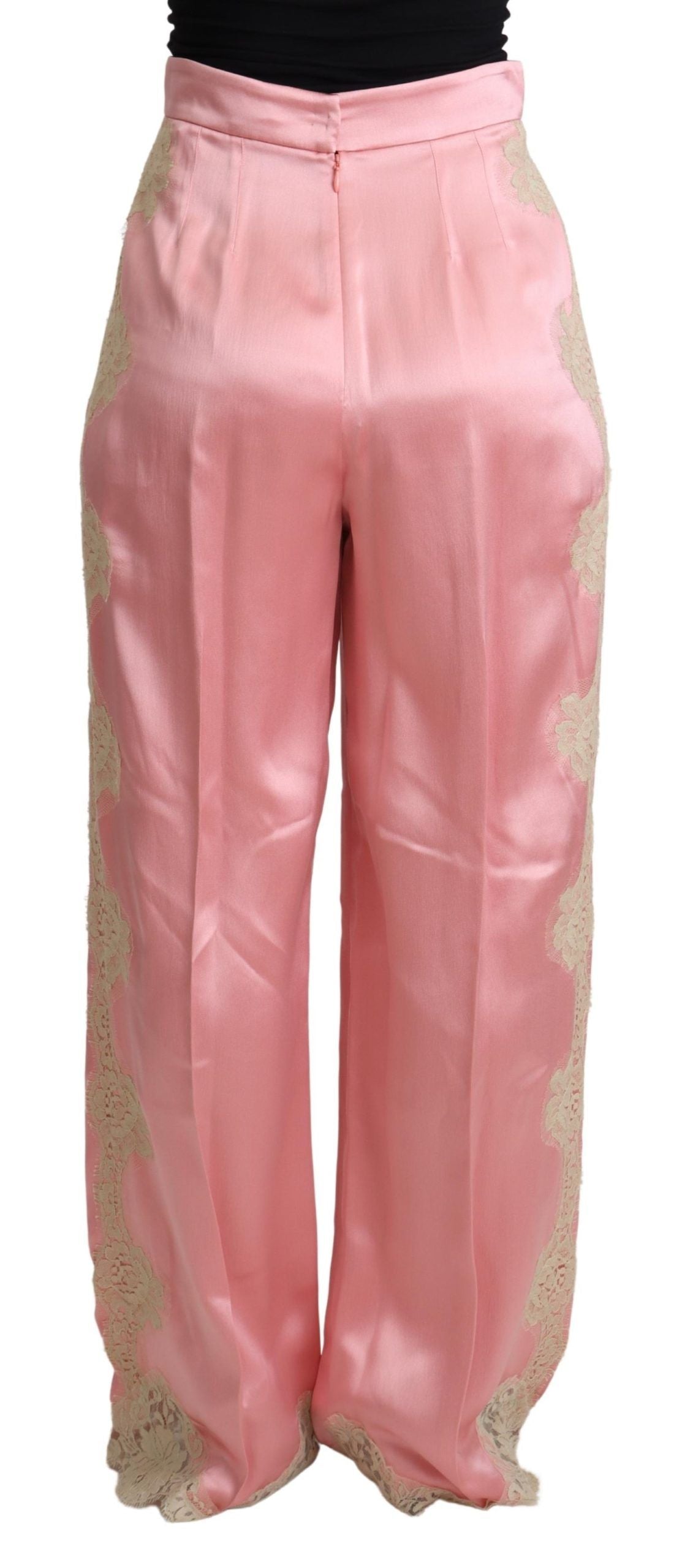 Dolce & Gabbana Pink Lace Trimmed Silk Satin Wide Legs Pants