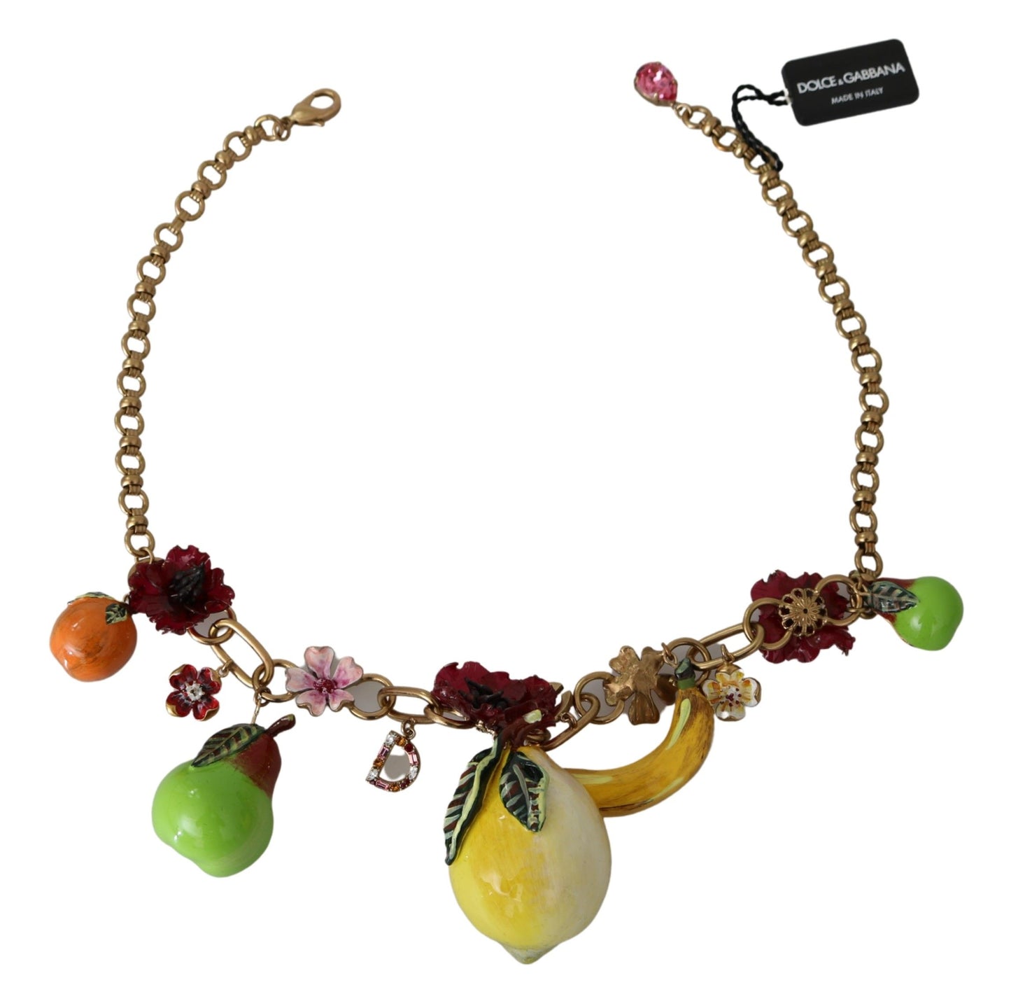 Dolce & Gabbana FRUIT Pendants Flowers Crystal DG Logo Gold Brass Necklace