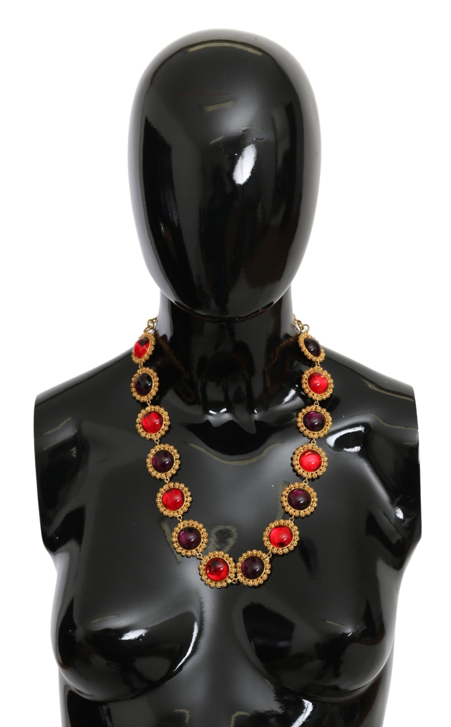 Dolce & Gabbana Red Purple Crystal Floral Chain Statement Gold Brass Necklace