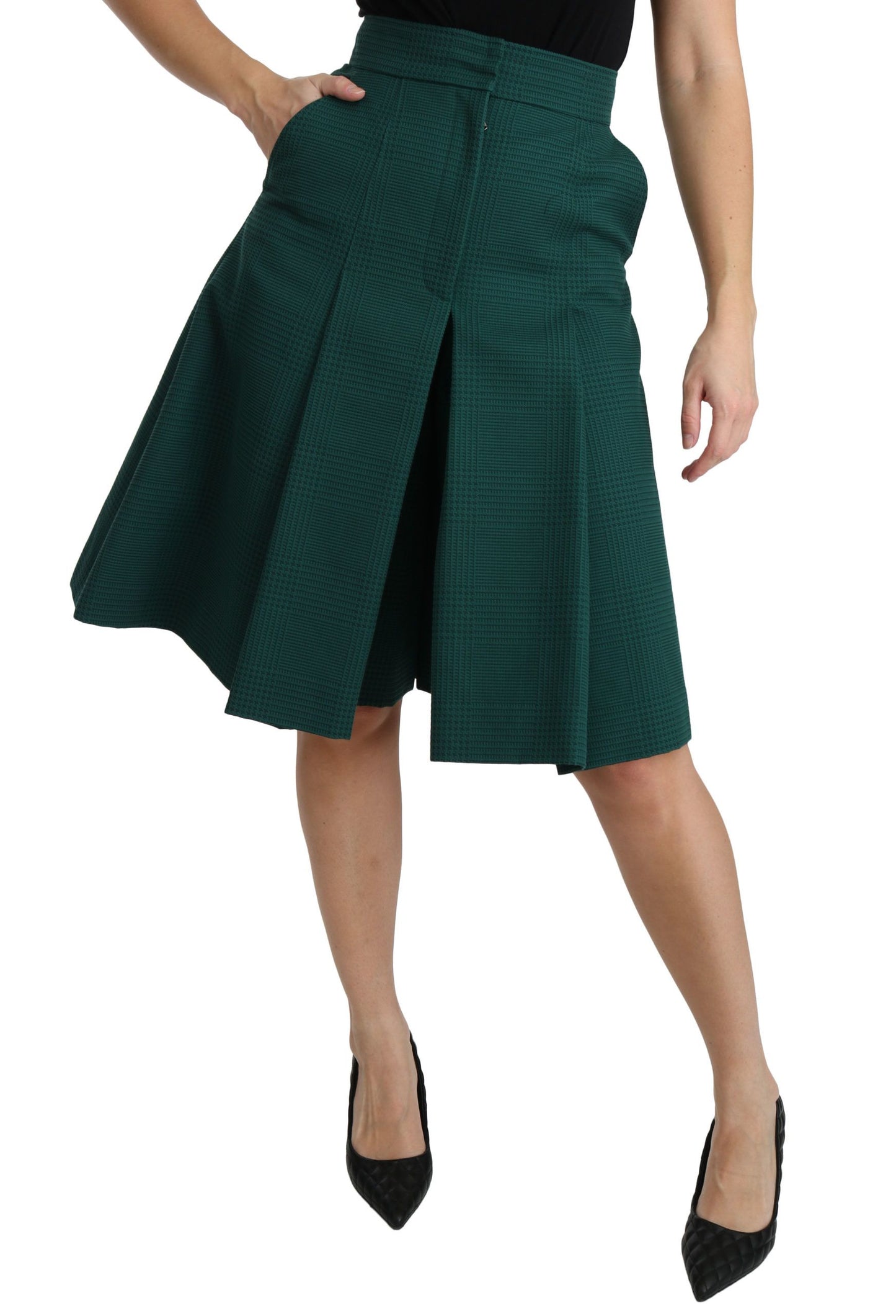 Dolce & Gabbana Green Pleated A-line High Waist Cotton  Skirt