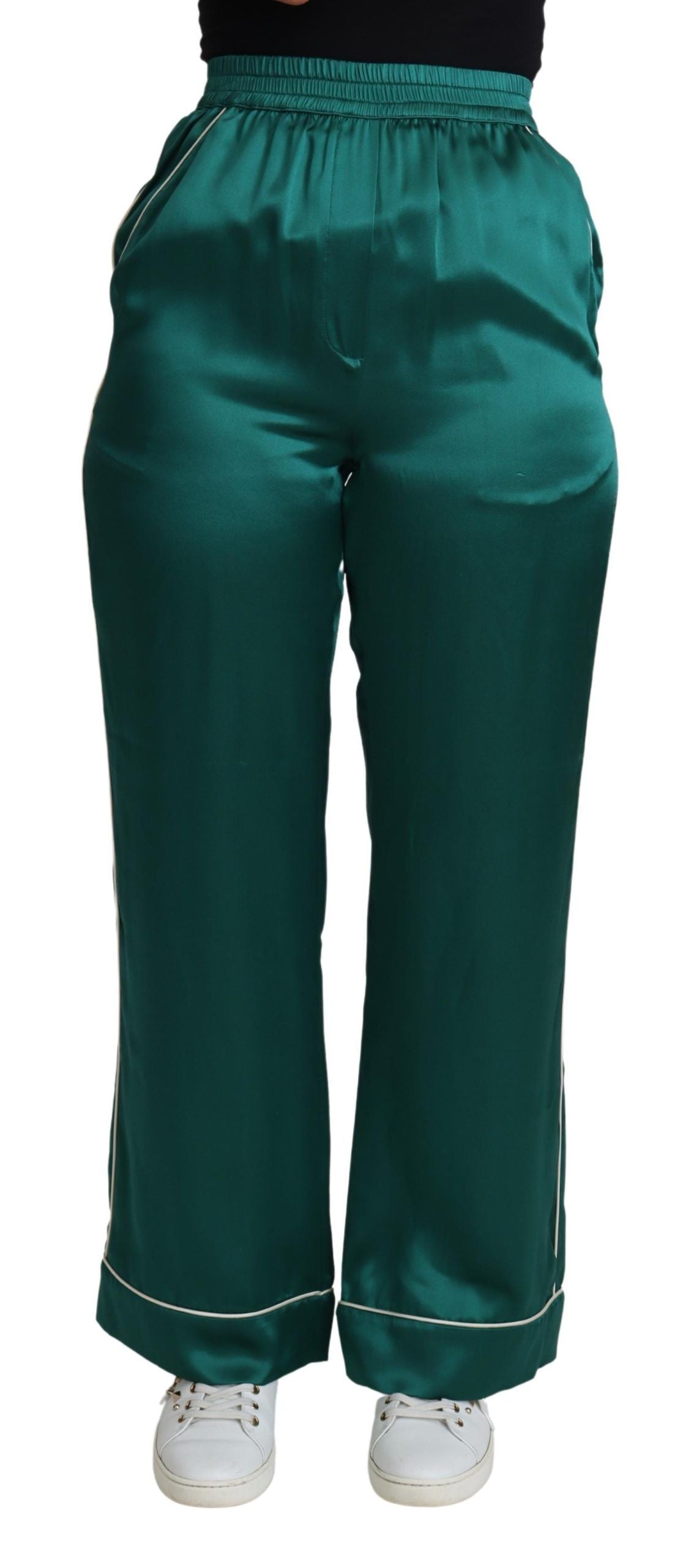 Dolce & Gabbana Green High Waist Pajama Trouser Silk Pant