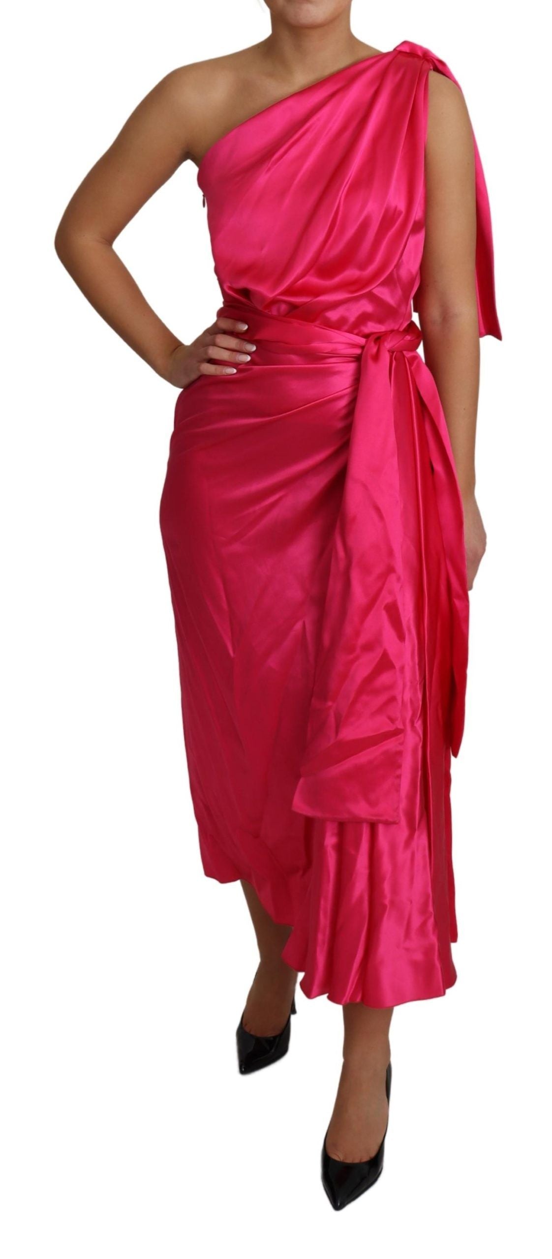 Dolce & Gabbana Dress Pink Fitted Cut One Shoulder Midi Dress