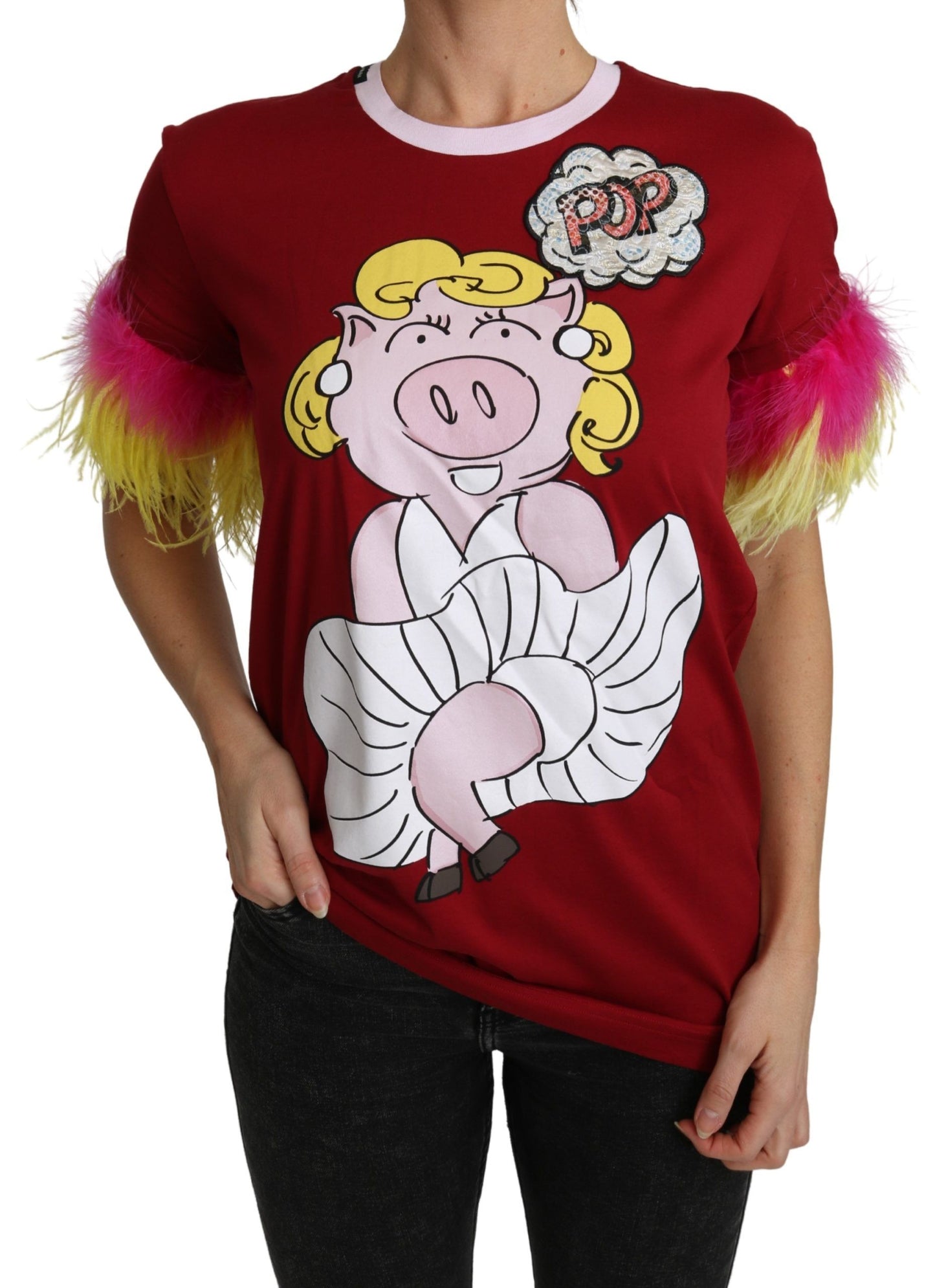 Dolce & Gabbana Red Pig Print Feather Sleeves T-shirt Top