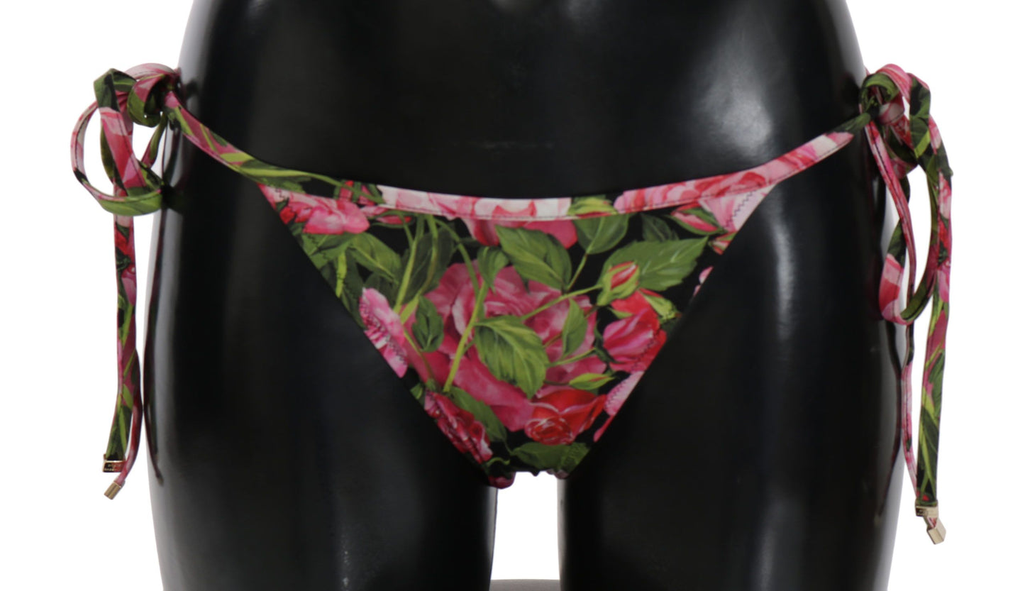 Dolce & Gabbana Black Pink Rose Print Bottom Bikini Beachwear