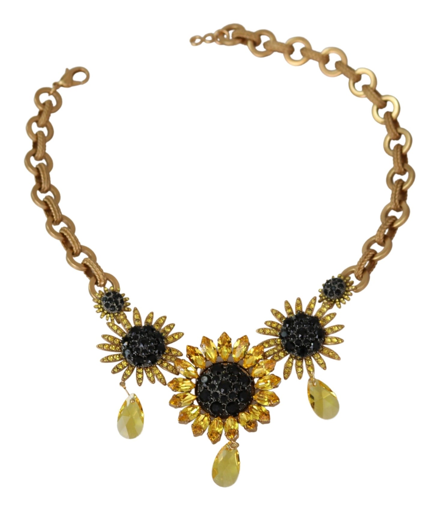 Dolce & Gabbana Gold Brass Chain Crystal Sunlower Pendants Necklace
