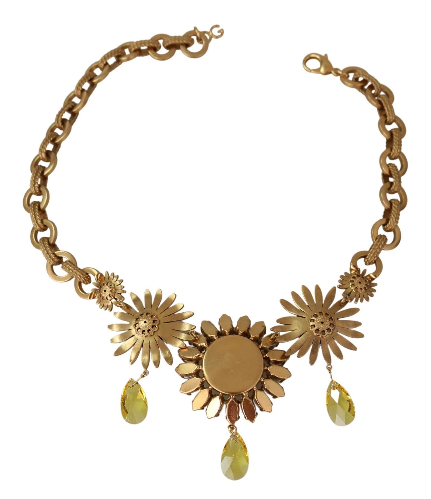 Dolce & Gabbana Gold Brass Chain Crystal Sunlower Pendants Necklace