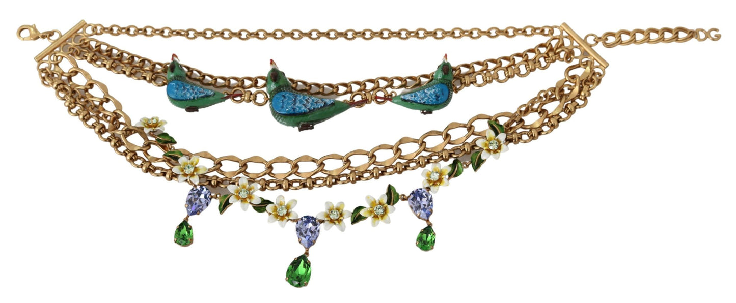 Dolce & Gabbana Gold Parrot Crystal Floral Charm Statement Necklace
