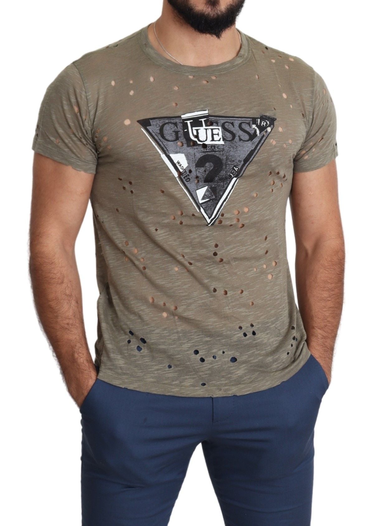 Guess Brown Cotton Stretch Logo Print Men Casual Perforated T-shirt