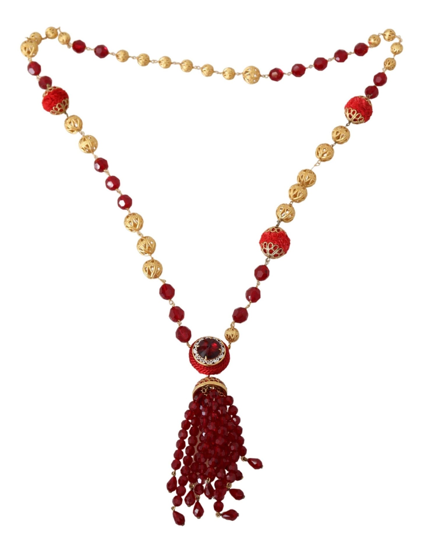 Dolce & Gabbana Gold Tone Brass Red Crystals Pendant Opera Chain  Necklace