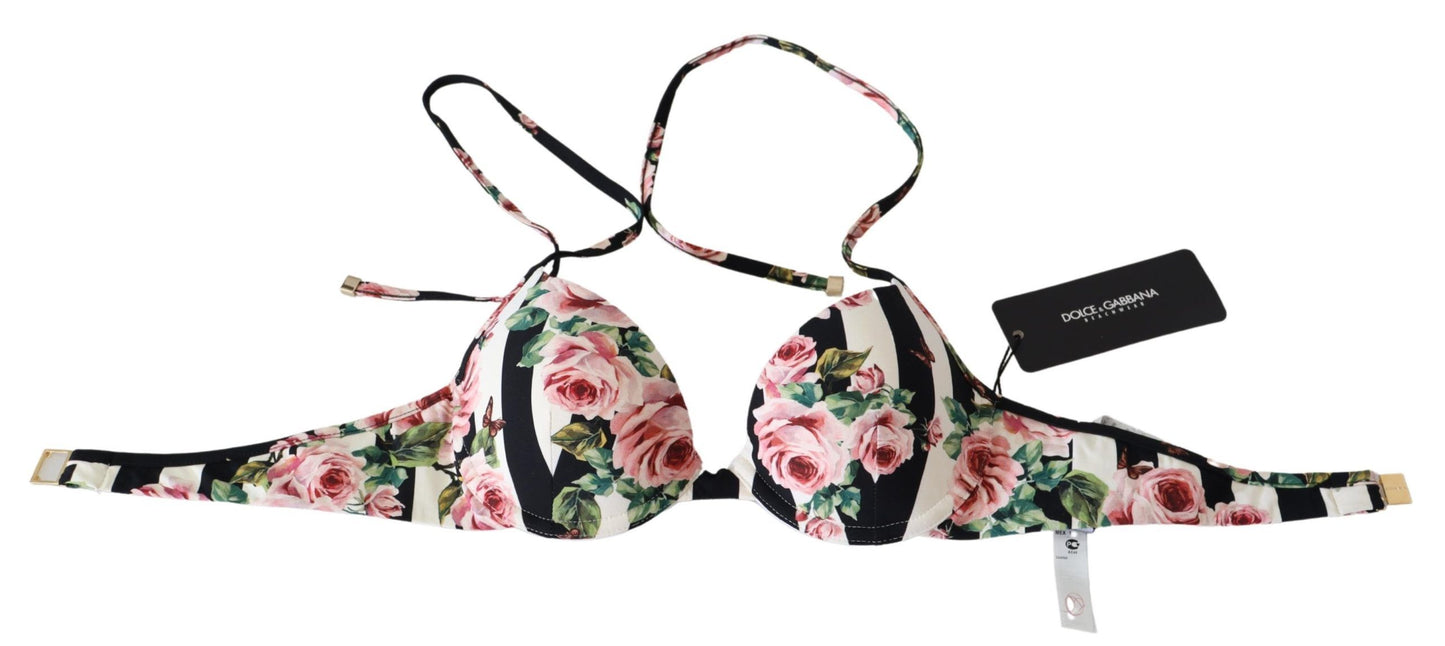 Dolce & Gabbana Multicolor Striped Rose Print Swimwear Bikini Tops