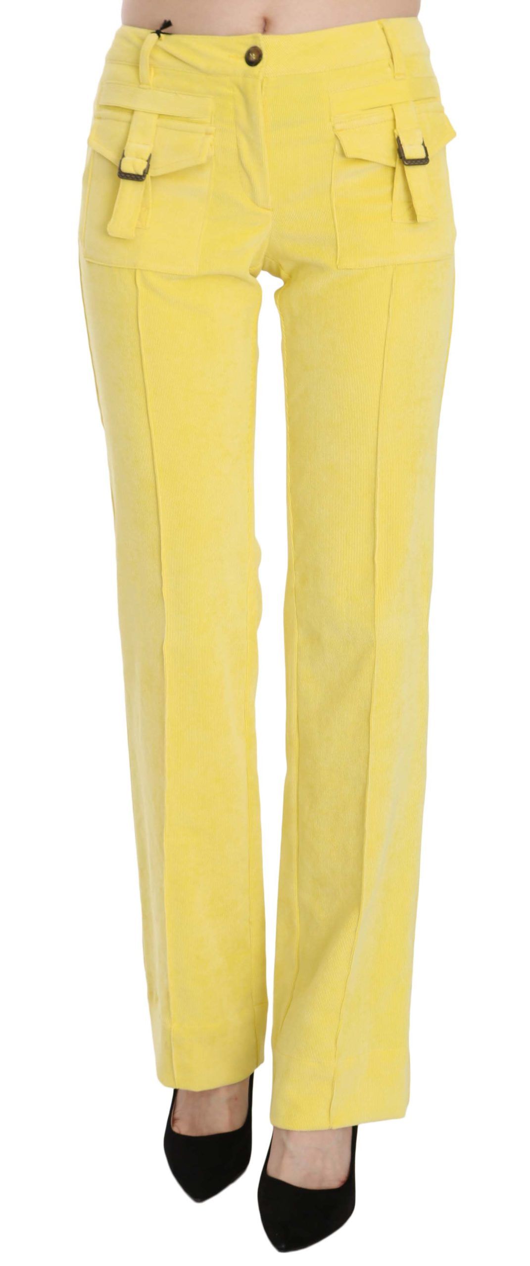 Just Cavalli Yellow Corduroy Mid Waist Straight Trousers Pants
