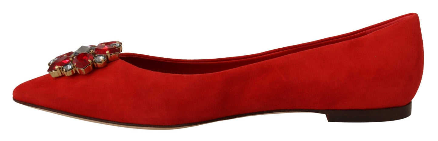 Dolce & Gabbana Red Suede Crystals Loafers Flats Shoes