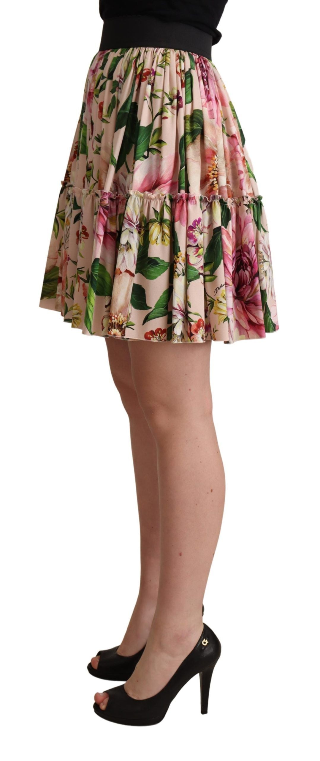 Dolce & Gabbana Pink Floral Print Silk High Waist Mini Skirt