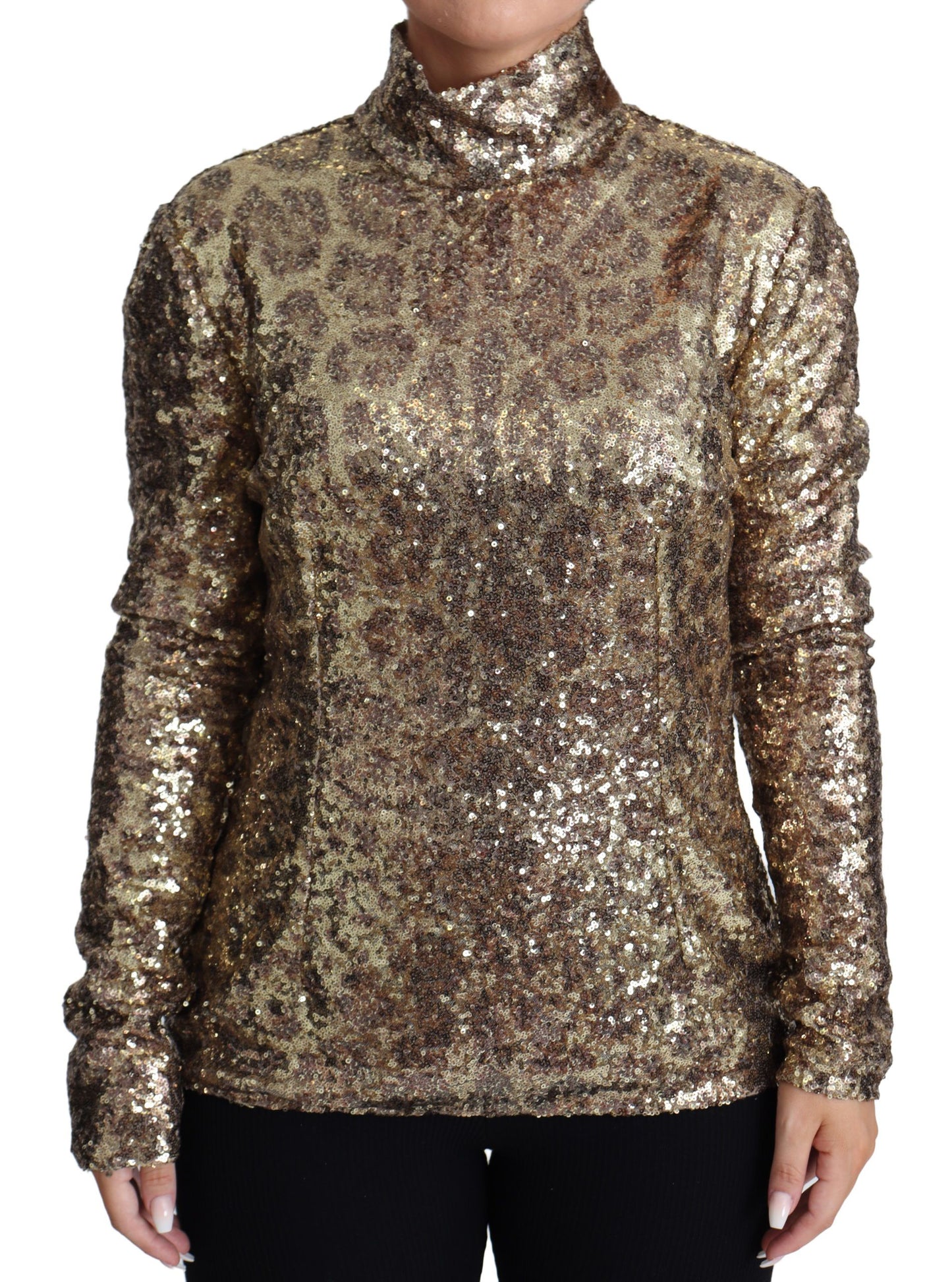 Dolce & Gabbana Sequined Turtleneck Full Zip Sweater in Brown