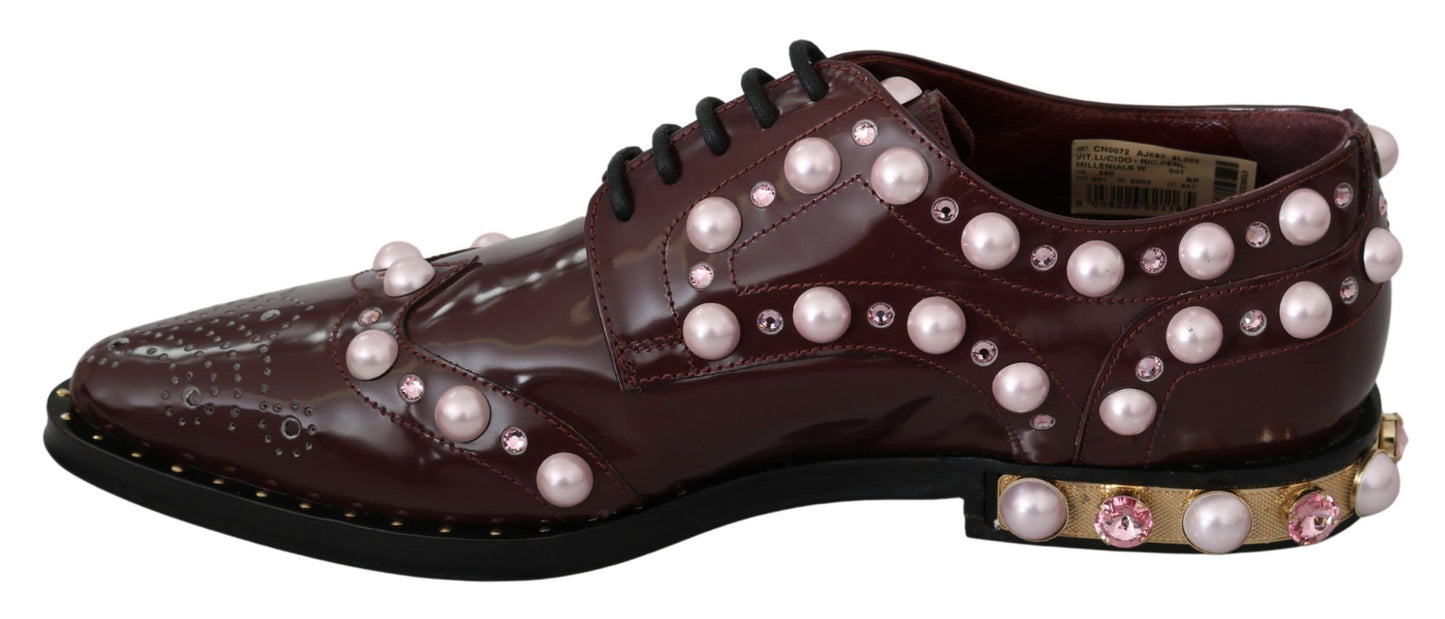 Dolce & Gabbana Bordeaux Leather Crystal Pearls Formal Shoes