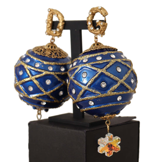 Dolce & Gabbana Gold Brass Blue Christmas Ball Crystal Clip On Earrings