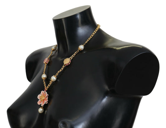 Dolce & Gabbana Gold Tone Floral Crystals Pink Embellished Necklace