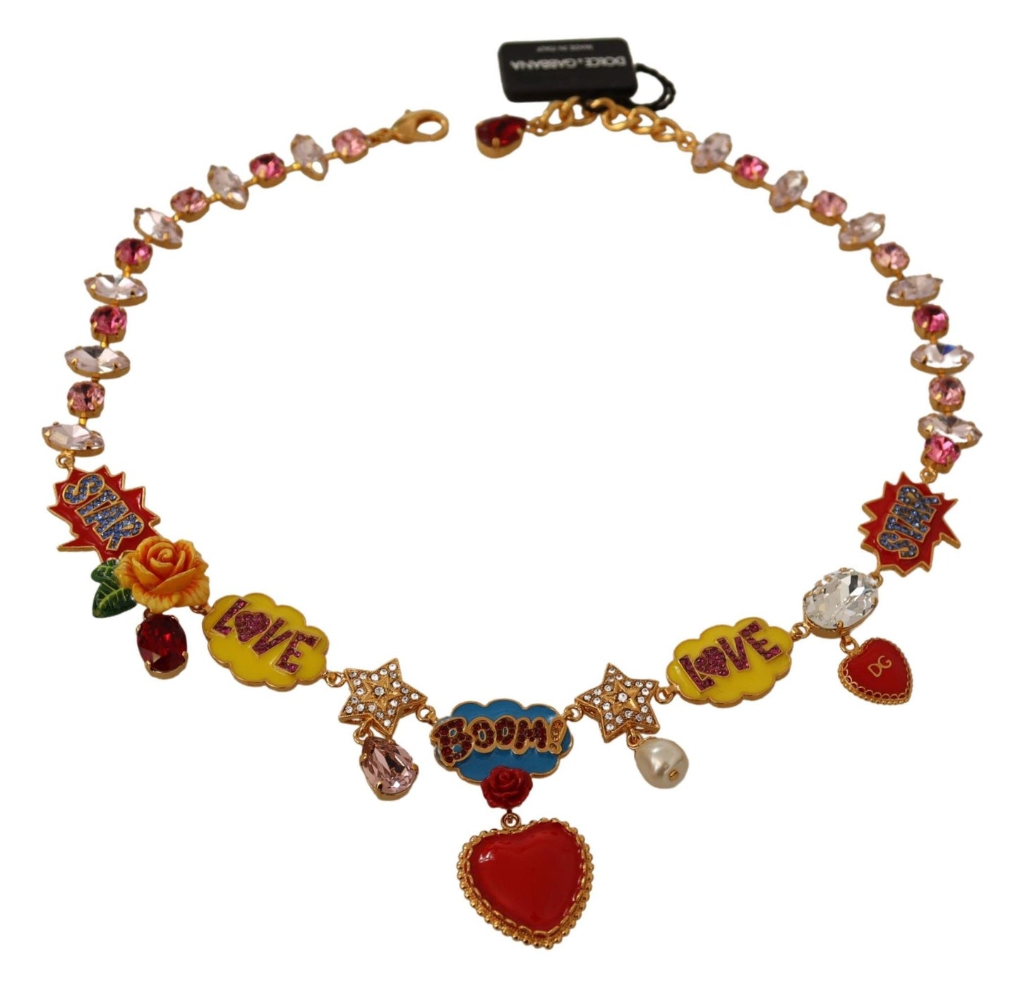 Dolce & Gabbana Rose Heart Star Chain Pink Red Gold  Crystal Necklace