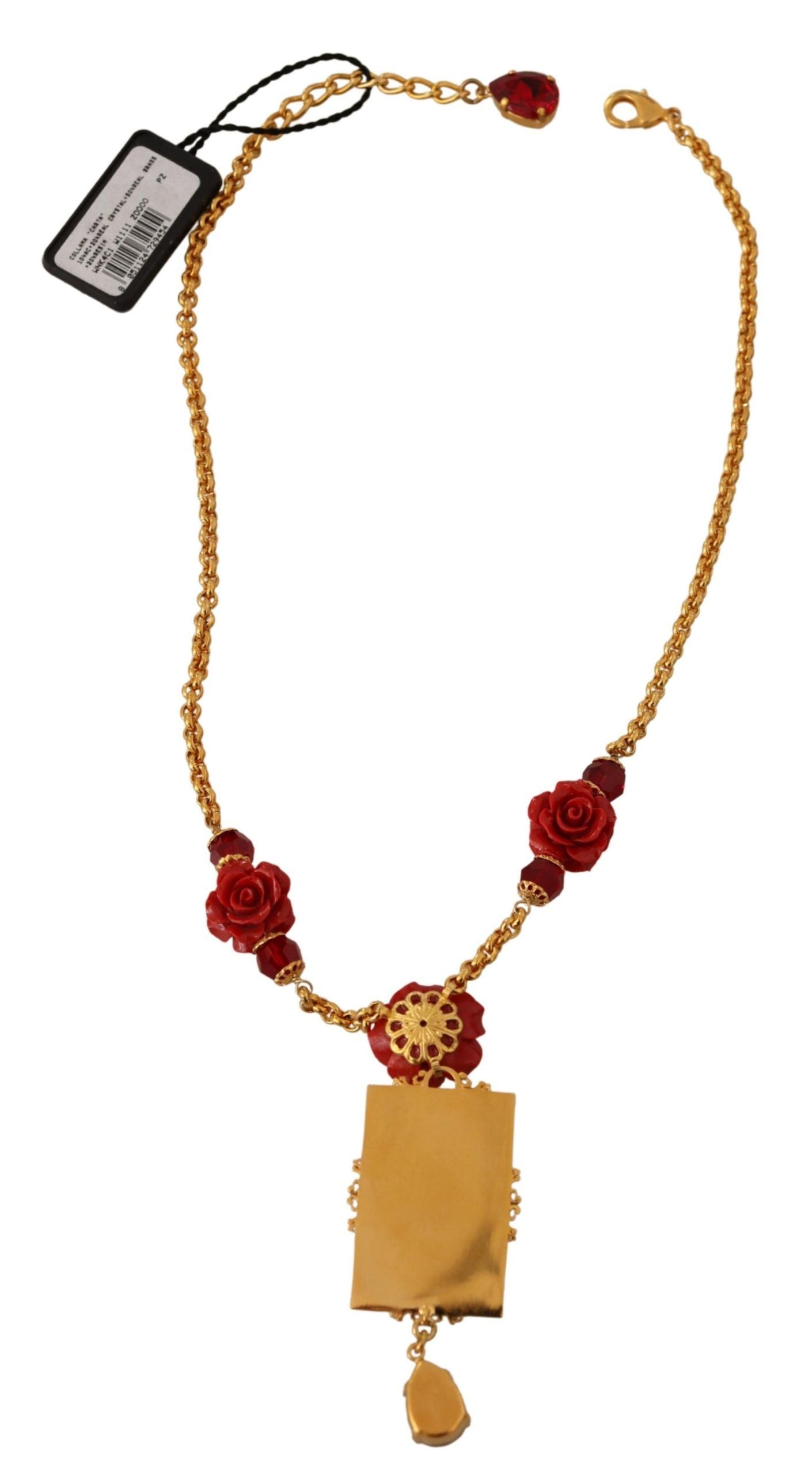 Dolce & Gabbana Gold Brass Flower Card Deck Crystal Pendant Necklace