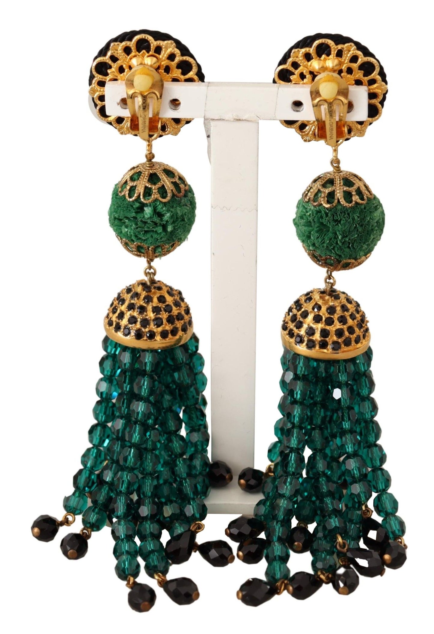 Dolce & Gabbana Green Crystals Gold Tone Drop Clip-on Dangle Earrings