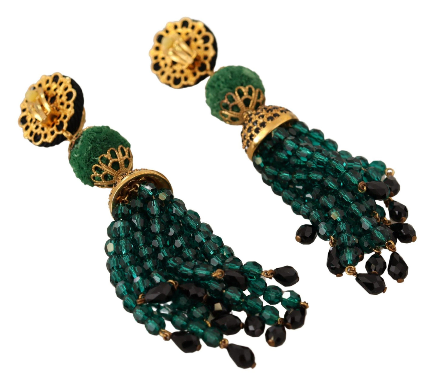 Dolce & Gabbana Green Crystals Gold Tone Drop Clip-on Dangle Earrings