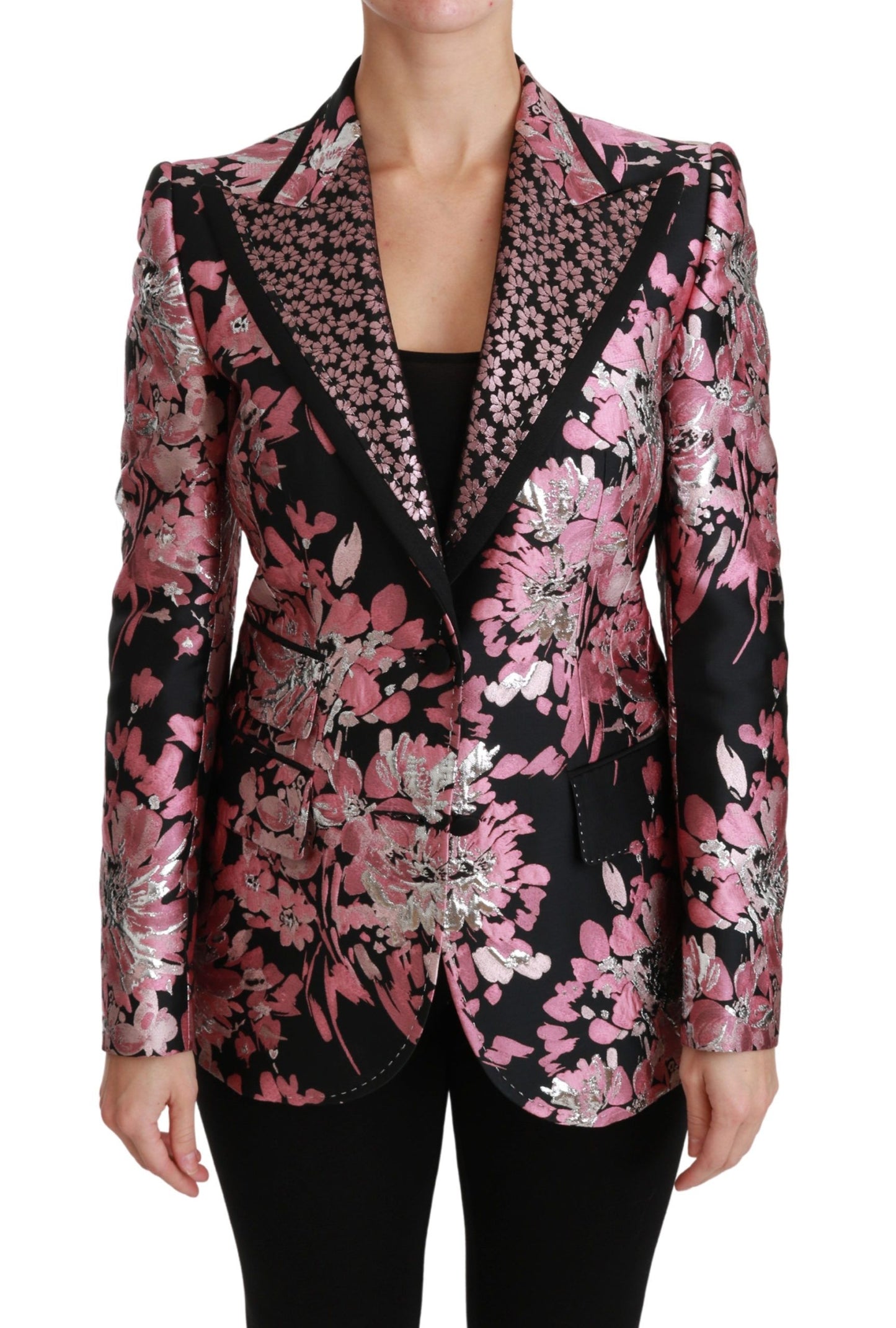 Dolce & Gabbana Black Pink Jacquard Slim Fit Blazer