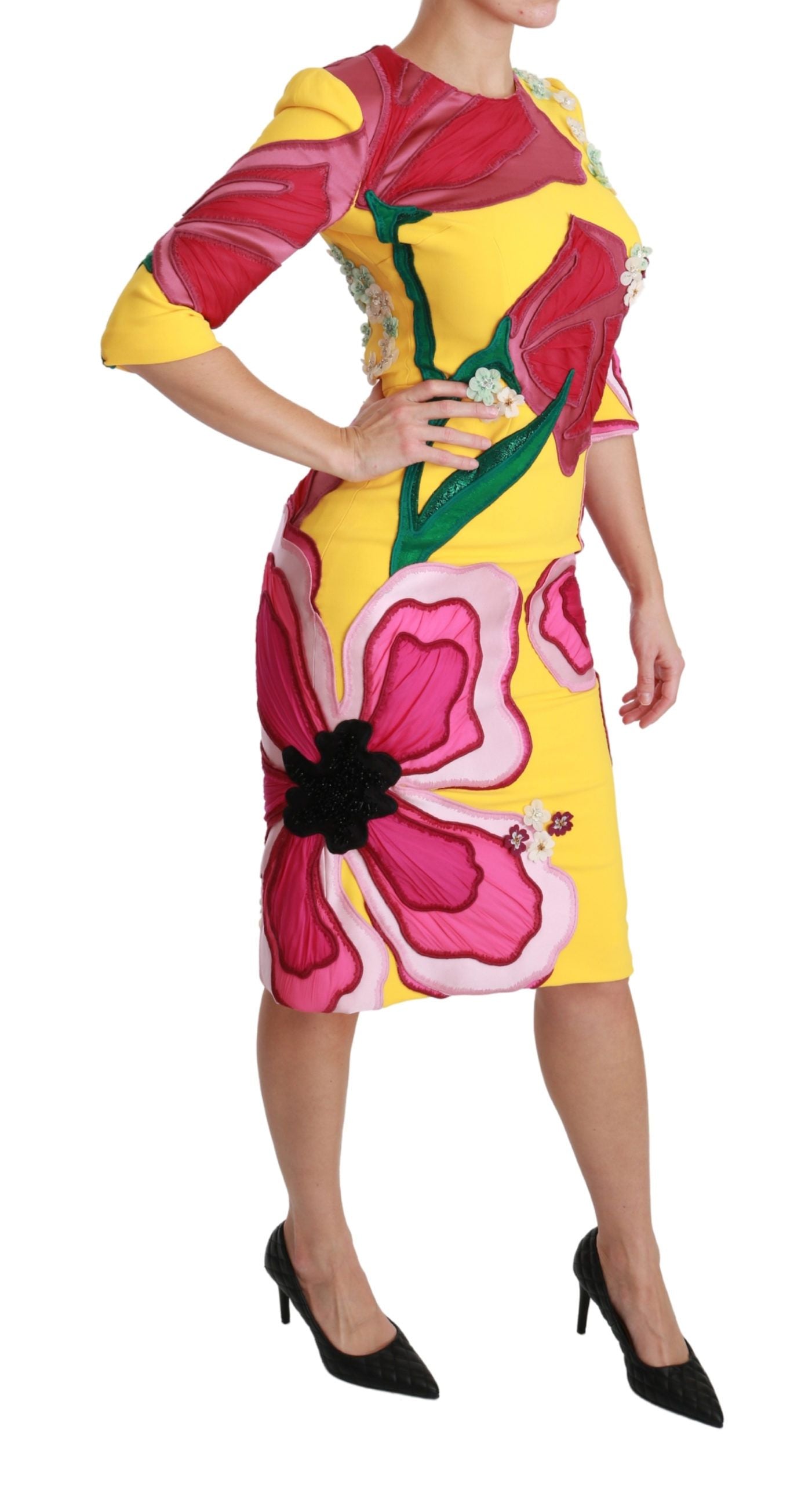 Dolce & Gabbana Yellow Floral Crystal Bodycon Sheath Dress