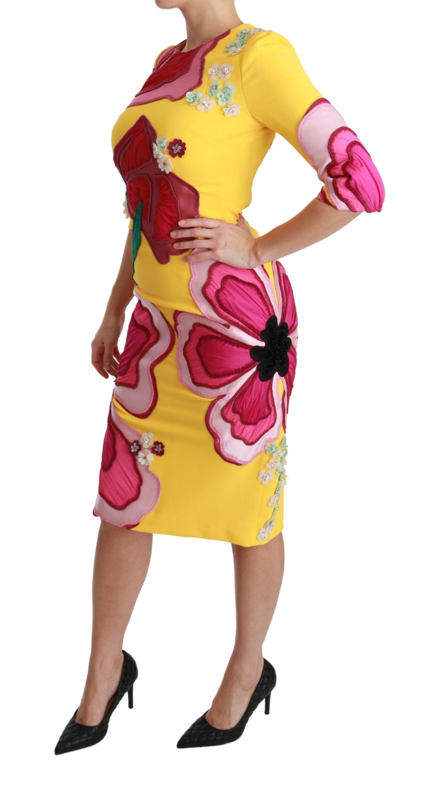 Dolce & Gabbana Yellow Floral Crystal Bodycon Sheath Dress