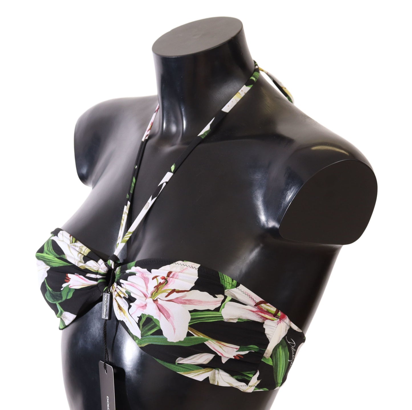 Dolce & Gabbana Black Lily Print Swimsuit Bikini Top Swimwear