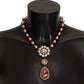 Dolce & Gabbana Gold Tone Brass Pink Beaded Pearls Crystal Pendant Necklace