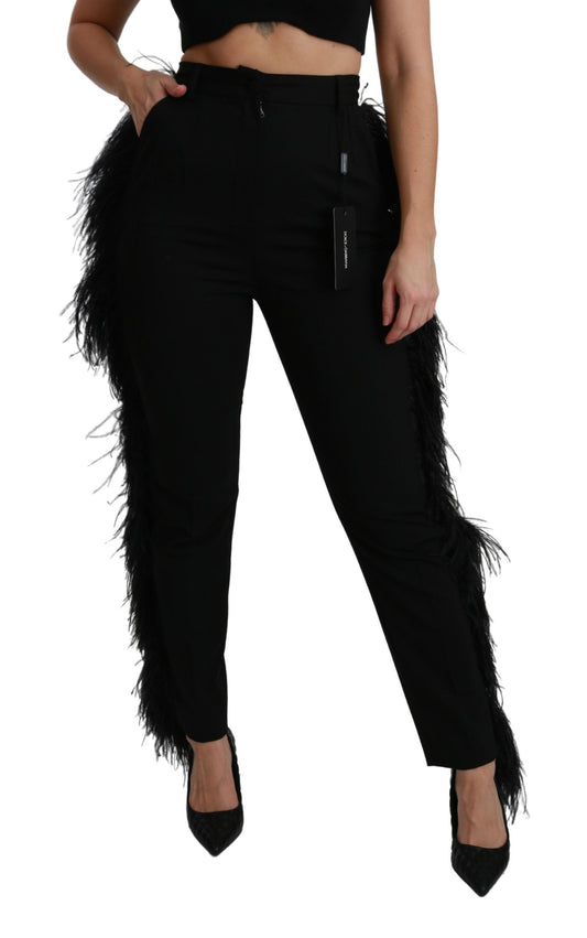 Dolce & Gabbana Black Feather Straight High Waist Wool Pants