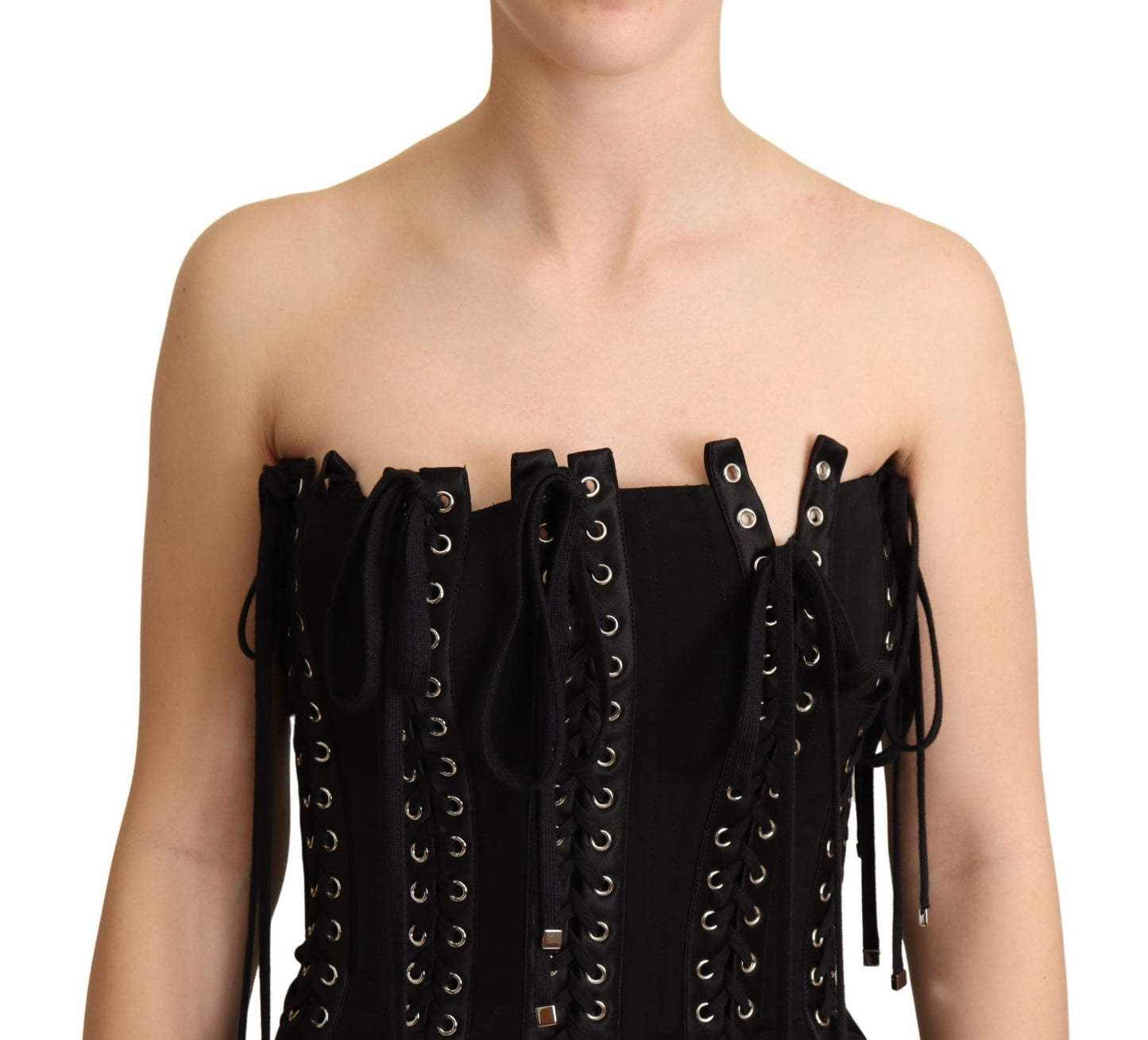 Dolce & Gabbana Black Cady Sleeveless Lace Up Bodycon Dress
