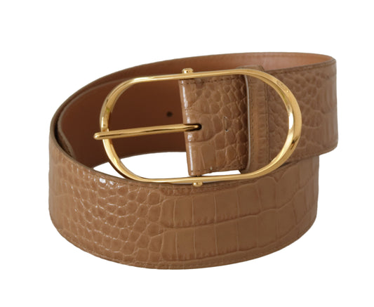Dolce & Gabbana Brown Beige Leather Gold Metal Oval Buckle Belt