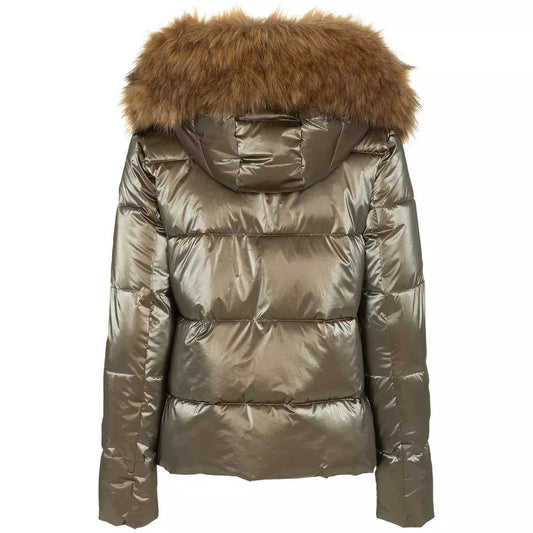 Imperfect Eco-Fur Hooded Down Jacket in Brown